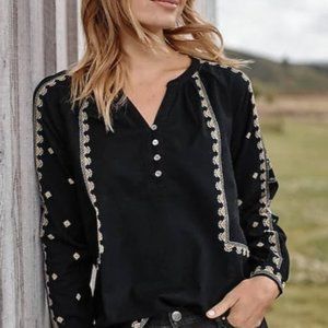 J Jill Bohemian Embroidered Black Popover Top.  Plus Size